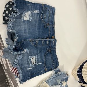 Mossimo SZ 6/28 Hi-Rise Jean Shorts Patriotic Star Distressed Stretch Button-Fly